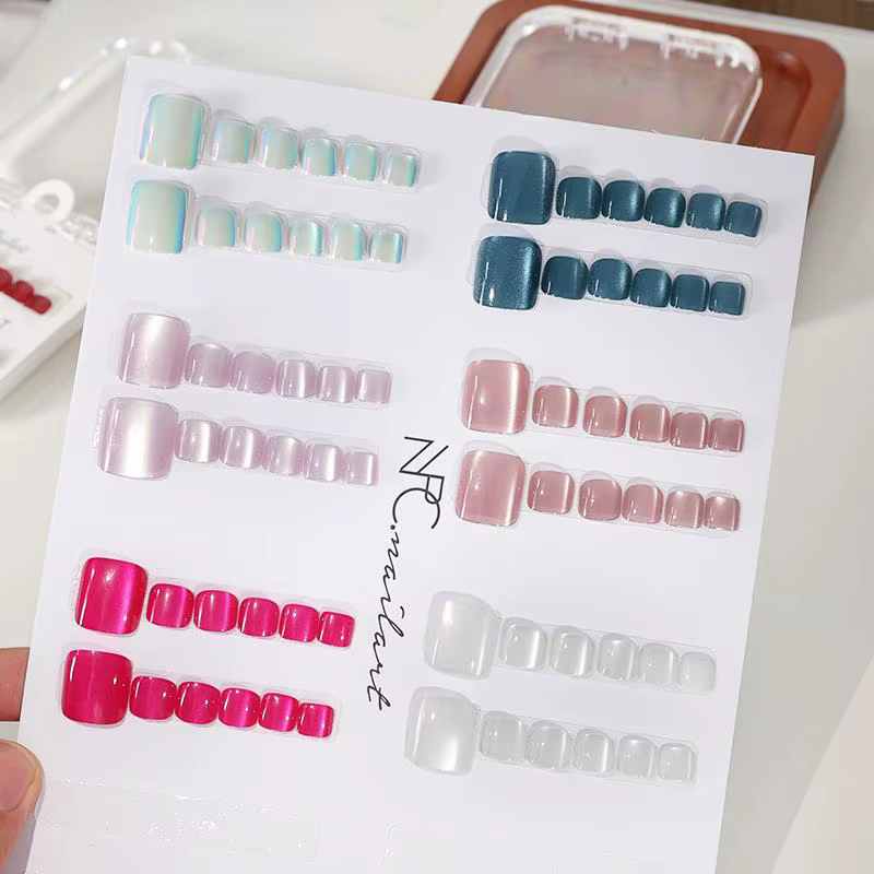 Faux Ongles 10 Pièces/Boîte, French Brillant Effet Œil de Chat, Courts Carrés, à Presser, Couverture Complète, Extension d'Ongles d'Orteil, Kit Professionnel pour Salon