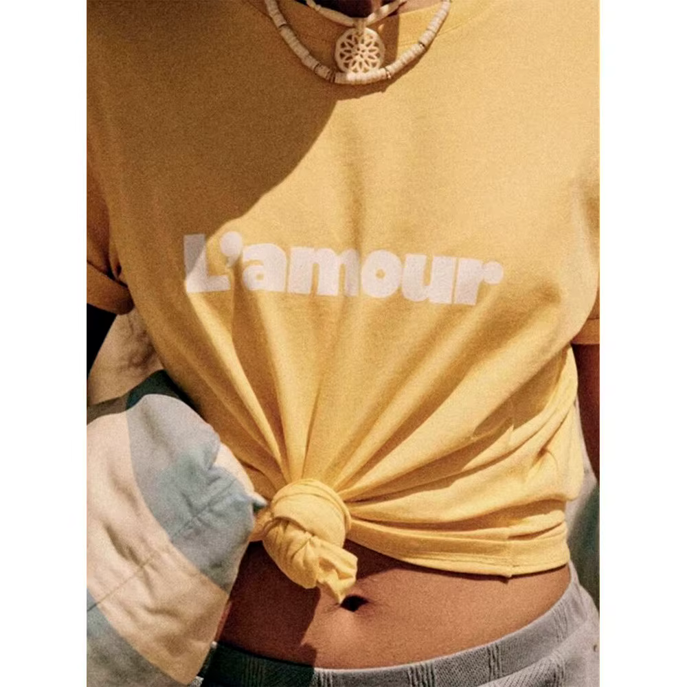 T-shirt Manches Courtes 100% Coton pour Femme, Vêtement Estival et Décontracté, avec Lettres Françaises Rétro Imprimées, Élégant, Jaune, Nouvelle Collection, Y-2025