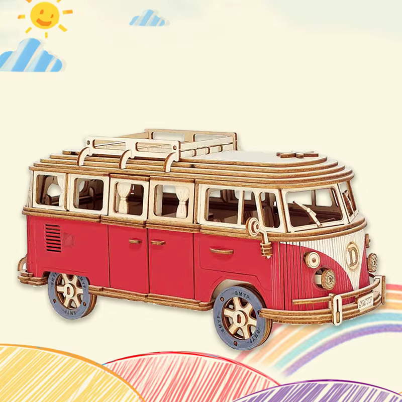 Bus rétro style européen camping-car 3D voiture en bois Puzzle bricolage bateau à voile avion construction maison modèle Puzzle jouets pour enfants