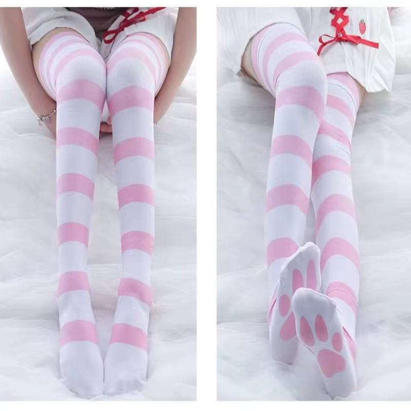 Lolita – chaussettes au dessus du genou, bande rose, bas imprimés patte de chat Kawaii, velours gothique sur le genou, cuisses hautes, bas longs JK