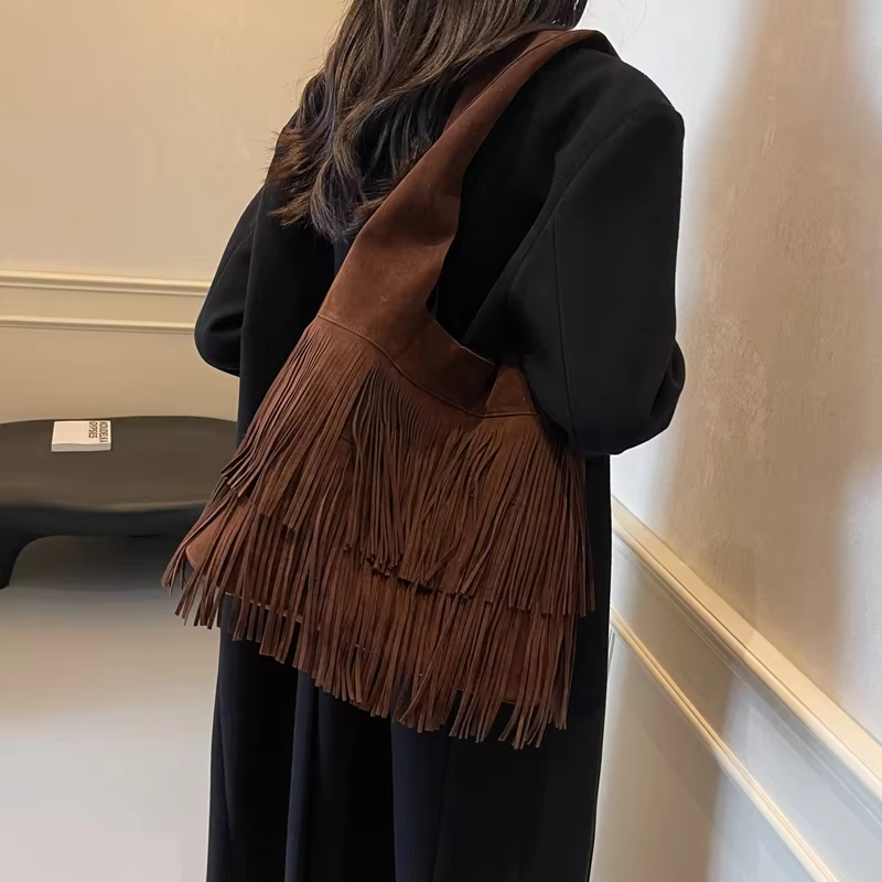 Sac à bandoulière en faux daim pour femme, sac fourre-tout de voyage à franges givrées, sac à main, pochette, sacs rétro, sac de banlieue vintage