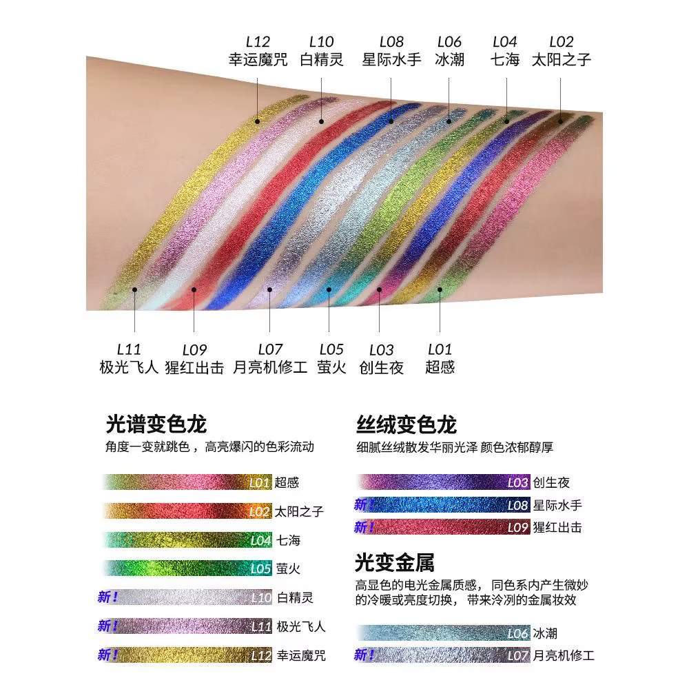 Crayon Gel Eyeliner Kaleidos Imperméable Couleur Caméléon Longue Tenue Pailleté Métallique Stylo Yeux Haute Pigmentation Fard à Paupières