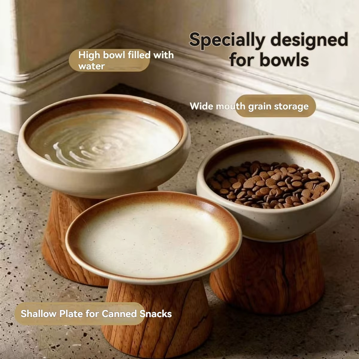 Bol surélevé en céramique pour chat avec base en bois massif, gamelle anti-choc pour protéger le cou, style rétro, pour l'intérieur