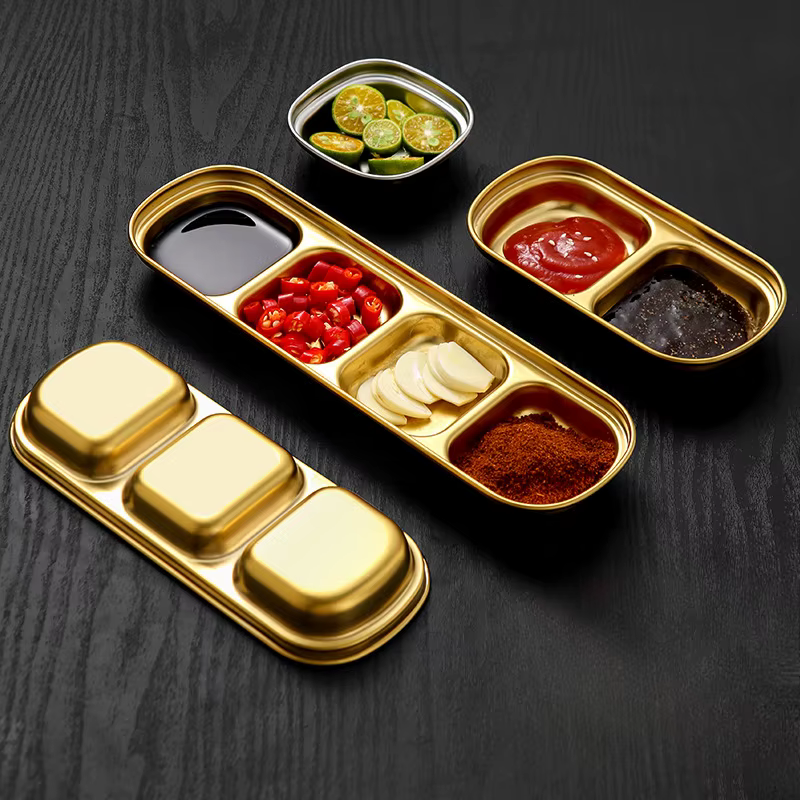 Bols à tremper divisés en acier inoxydable, assiette à Sauce, plateau à condiments pour BBQ, vinaigre, épices, Ketchup, sel, sucre, saveur