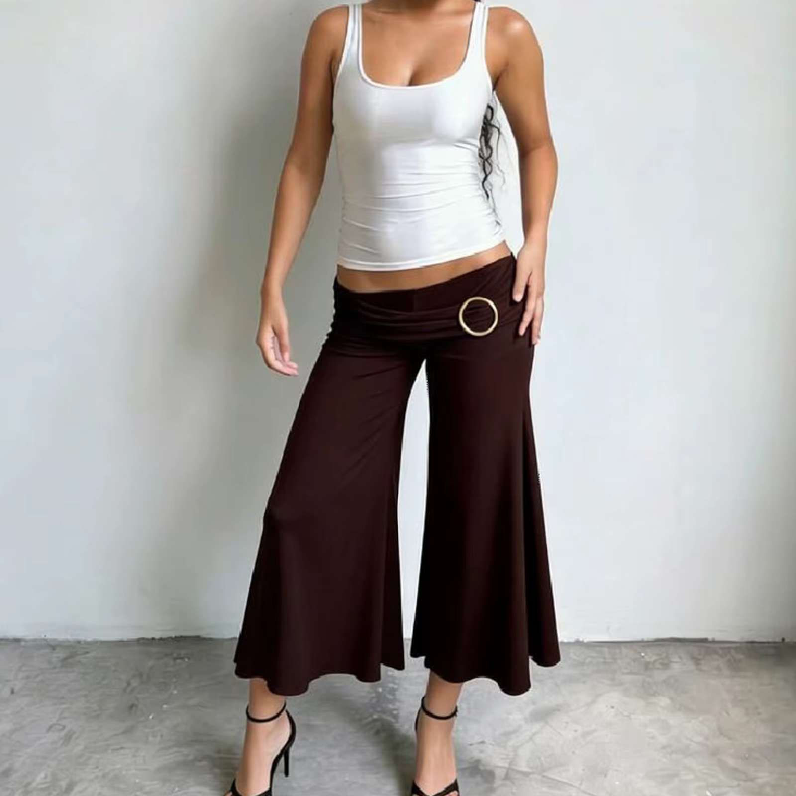 Pantalon taille basse évasé sept pouces pour femme, style simple, boucle métallique, plissé, couleur unie, nouvelle collection été, confortable