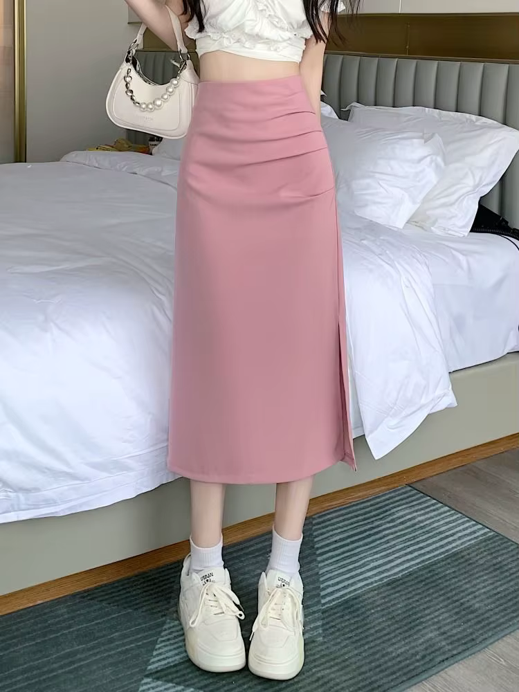 Jupes mi-longues fendues sur le côté pour femmes, style français, mince, plis élégants, simple, compromis, tendre, femme, sexy, all-match, mode ulzzang, été