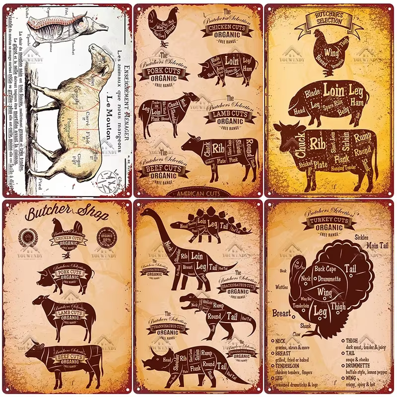 Panneaux métalliques Vintage The Butcher's Guide, affiche de cuisine coupes de bœuf, porc, canard, poisson, décoration murale de magasin, signe en étain, 20x30cm
