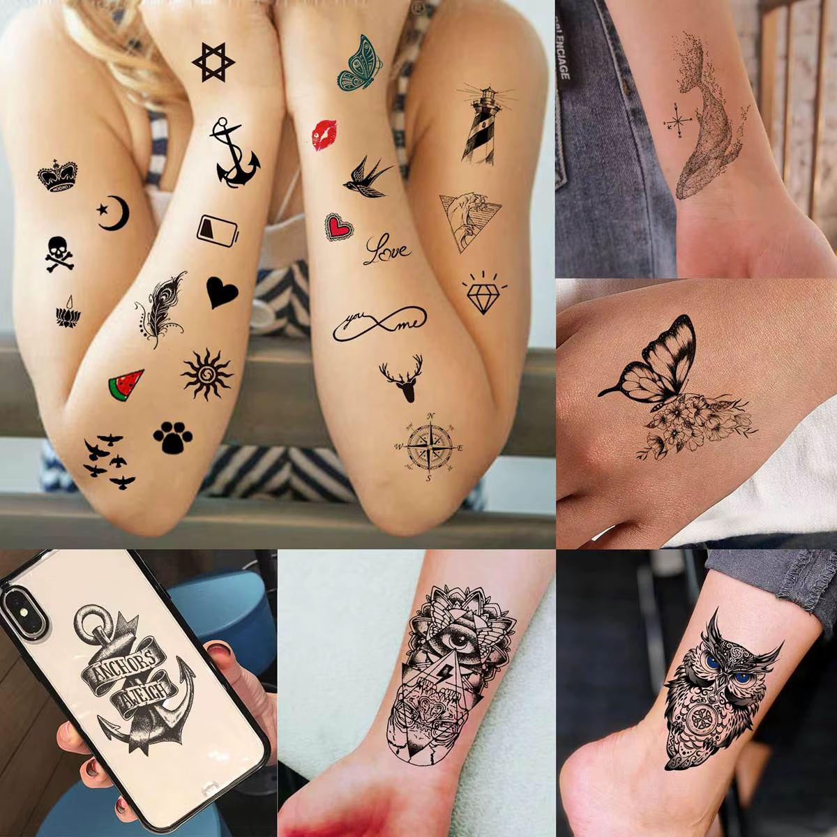 Tatouages Temporaires Petits Animaux, Faux Crâne Noir, Autocollant Imperméable, Minuscules et Réalistes, pour Adultes, Doigt et Bras, 66 Feuilles