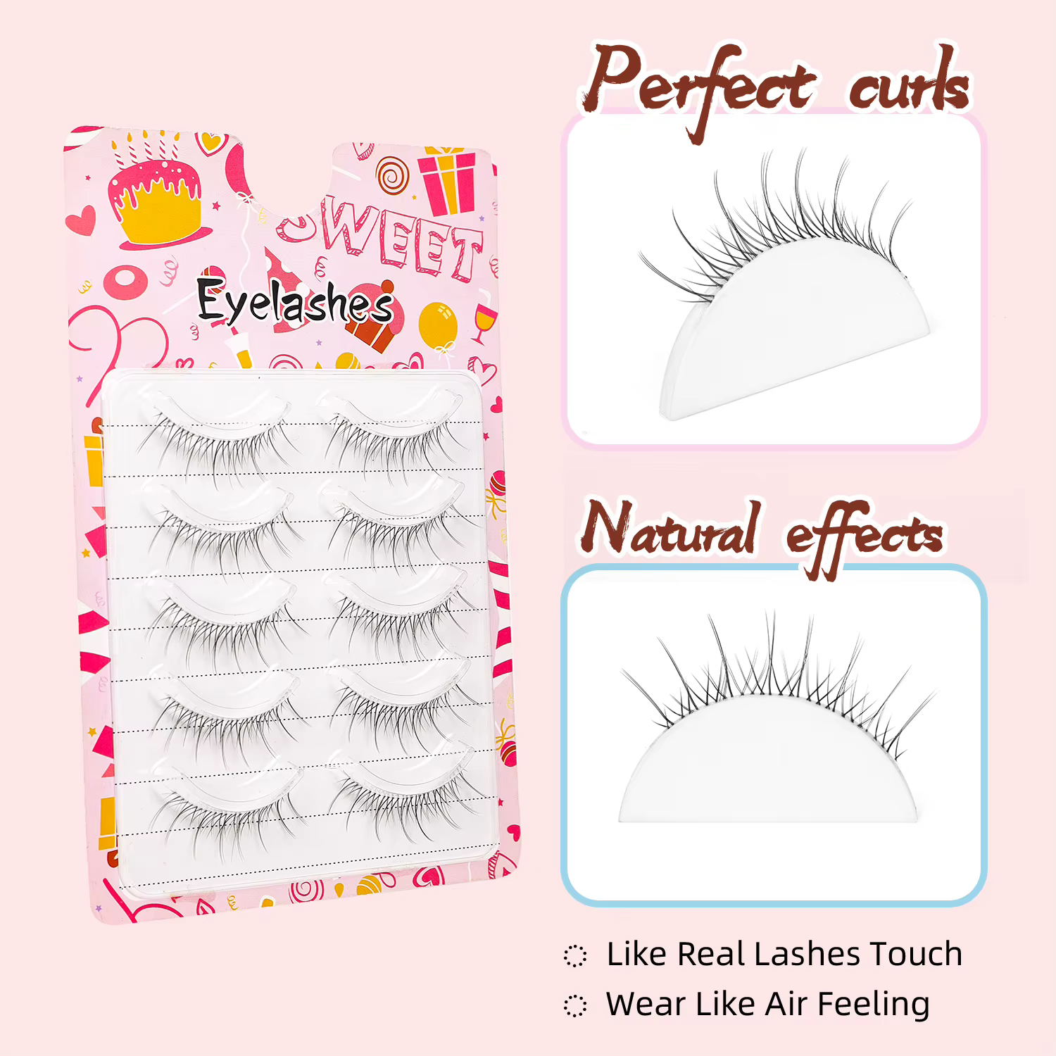 5 paires de faux cils, style naturel et transparent