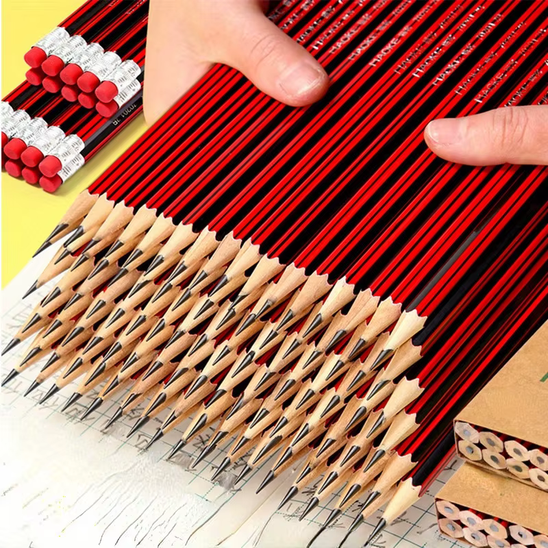 50 crayons en bois HB avec gommes - Corps rouge et noir pour l'écriture, le dessin et le croquis - Pour étudiants et fournitures de bureau