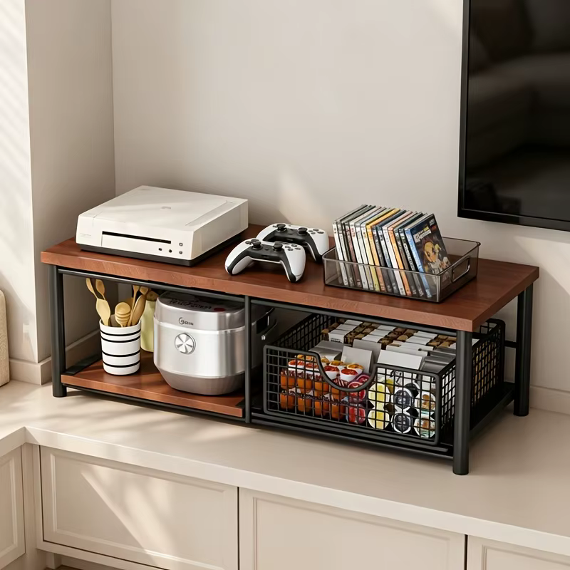 Étagère de rangement à double niveau pour plan de travail de cuisine ; Support en bois pour micro-ondes et machine à café avec tiroirs coulissants ; Rangement gain de place