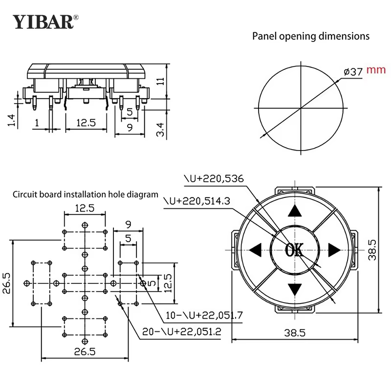 Micro-interrupteur tactile à bouton Arrow OK, B3F-4055 - SMD, 12*12*7.3mm, direction 5 voies