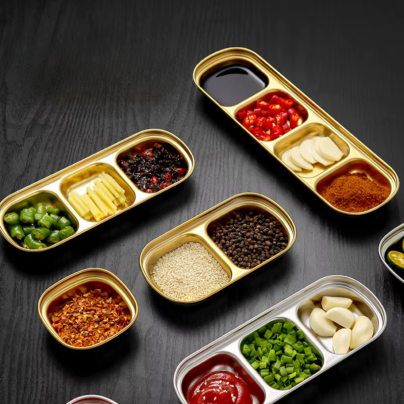 Bols à tremper divisés en acier inoxydable, assiette à Sauce, plateau à condiments pour BBQ, vinaigre, épices, Ketchup, sel, sucre, saveur
