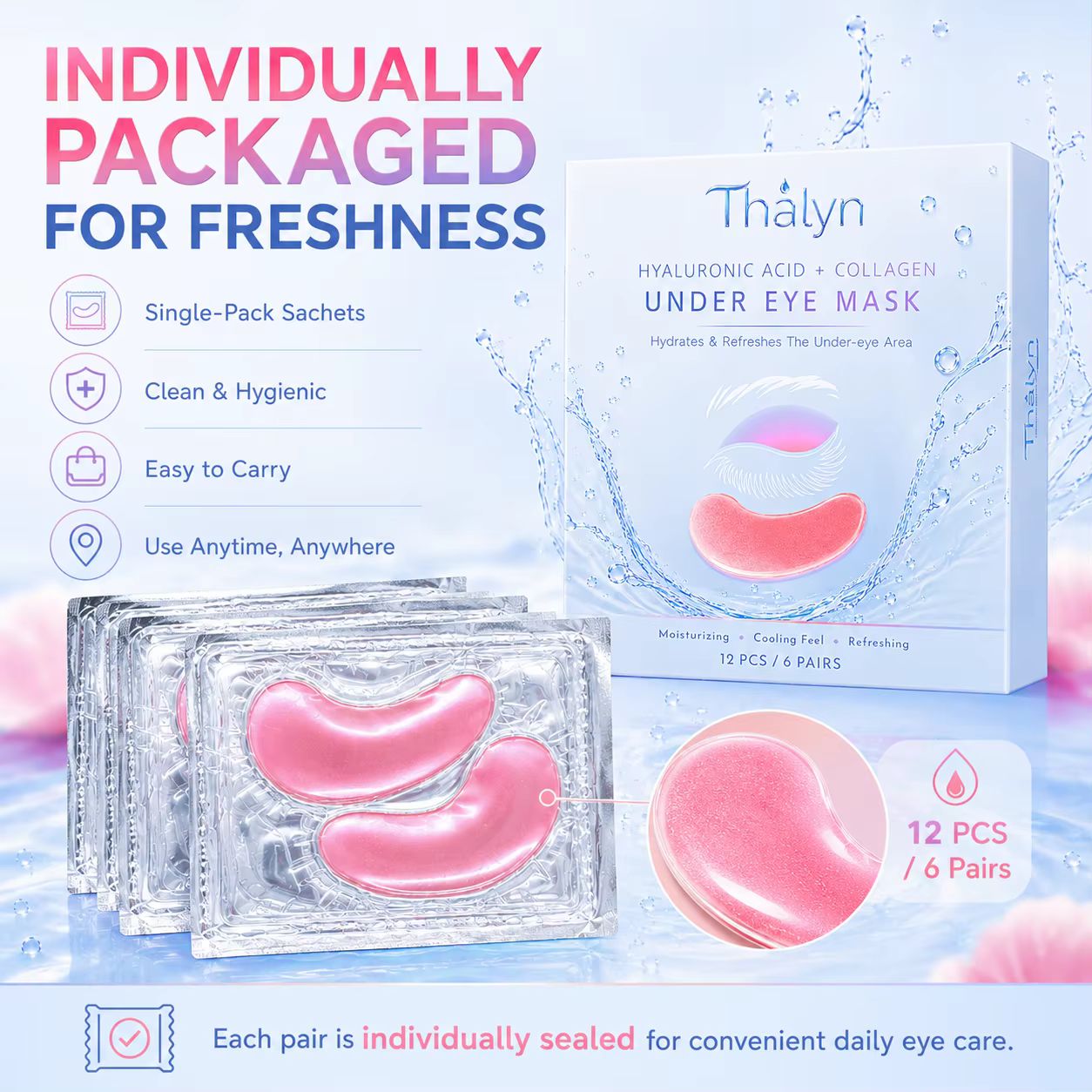 12 Patchs pour les Yeux en Forme de Croissant Rose, Patchs en Gel Hydratants pour les Yeux
