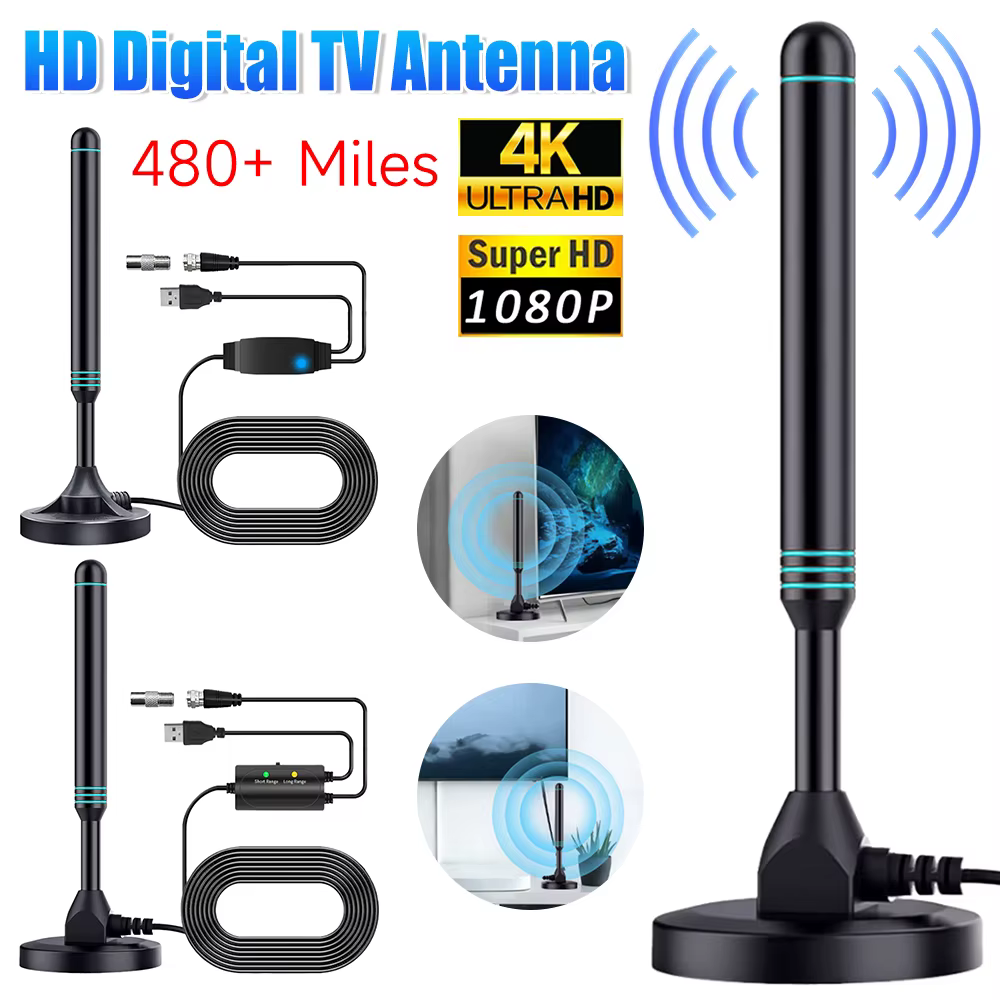 Antenne de télévision numérique HD 4K/1080P avec amplificateur de Signal, antenne intérieure et extérieure de plus de 480 Miles, Base magnétique VHF UHF, antenne numérique HD