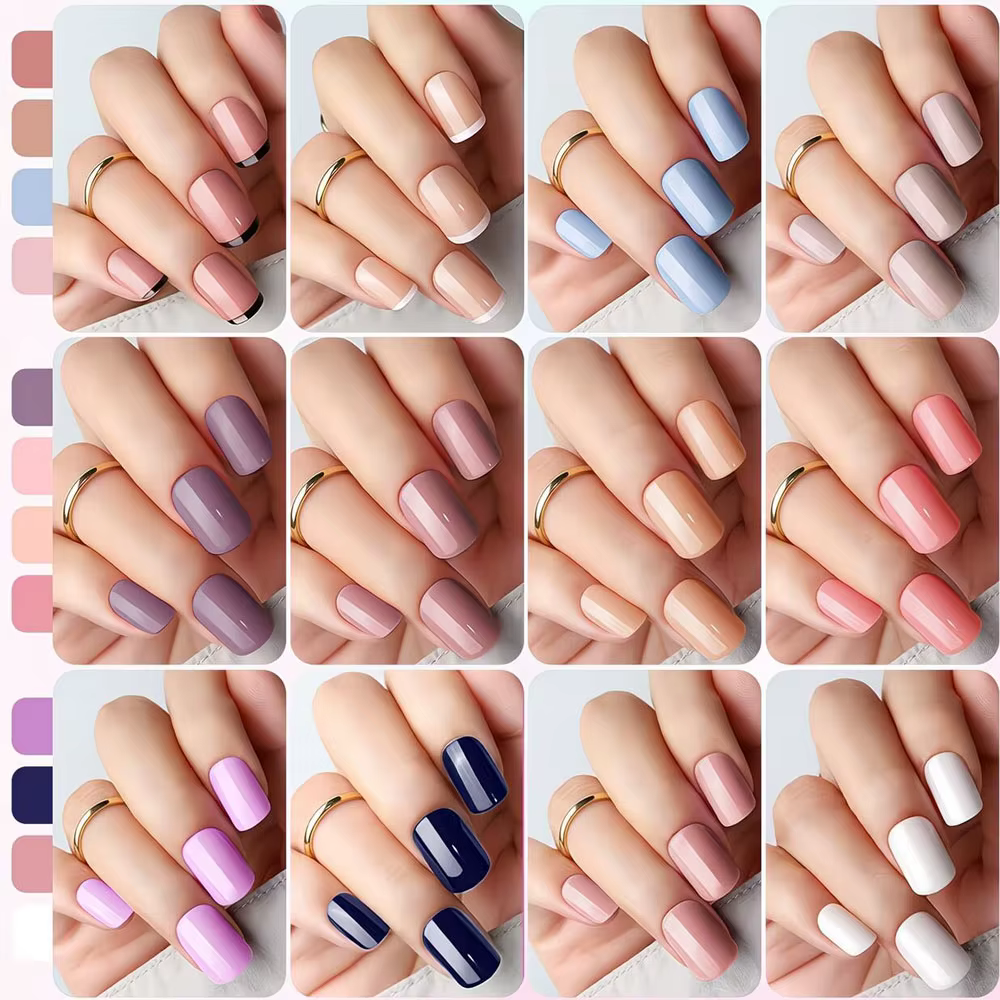 576 faux ongles brillants rouges, roses, marrons, 24 couleurs, courts, carrés, à presser, avec pointe française blanche et noire #