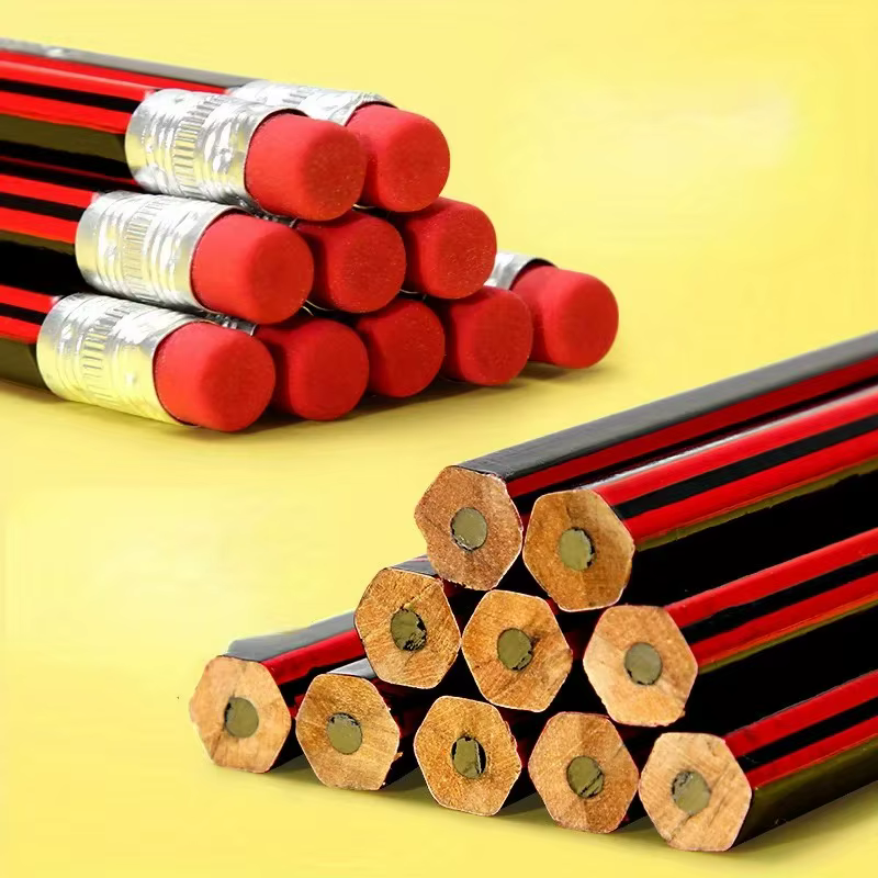 Crayons en bois HB avec gommes, corps rouge et noir pour l'écriture, le dessin et le croquis, idéal pour les étudiants et les fournitures de bureau