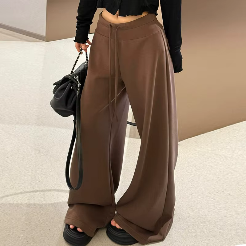 Pantalon de sport marron taille basse pour femme, taille haute, coupe cintrée, drapé décontracté, jambes larges