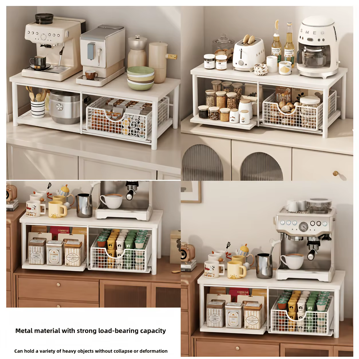 Étagère de rangement à double niveau pour plan de travail de cuisine ; Support en bois pour micro-ondes et machine à café avec tiroirs coulissants ; Rangement gain de place