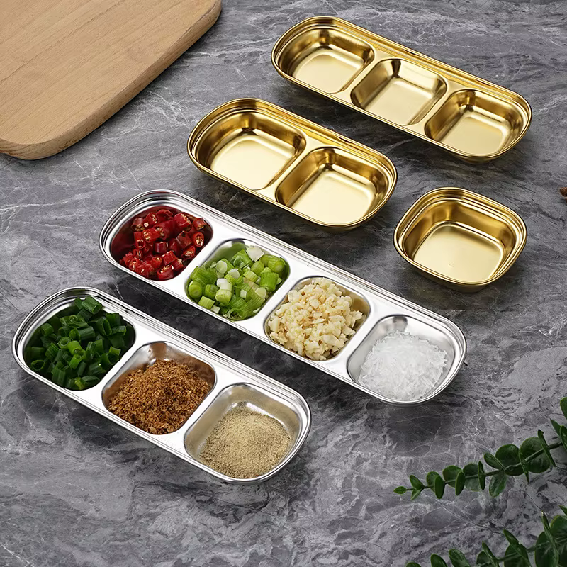 Bols à tremper divisés en acier inoxydable, assiette à Sauce, plateau à condiments pour BBQ, vinaigre, épices, Ketchup, sel, sucre, saveur