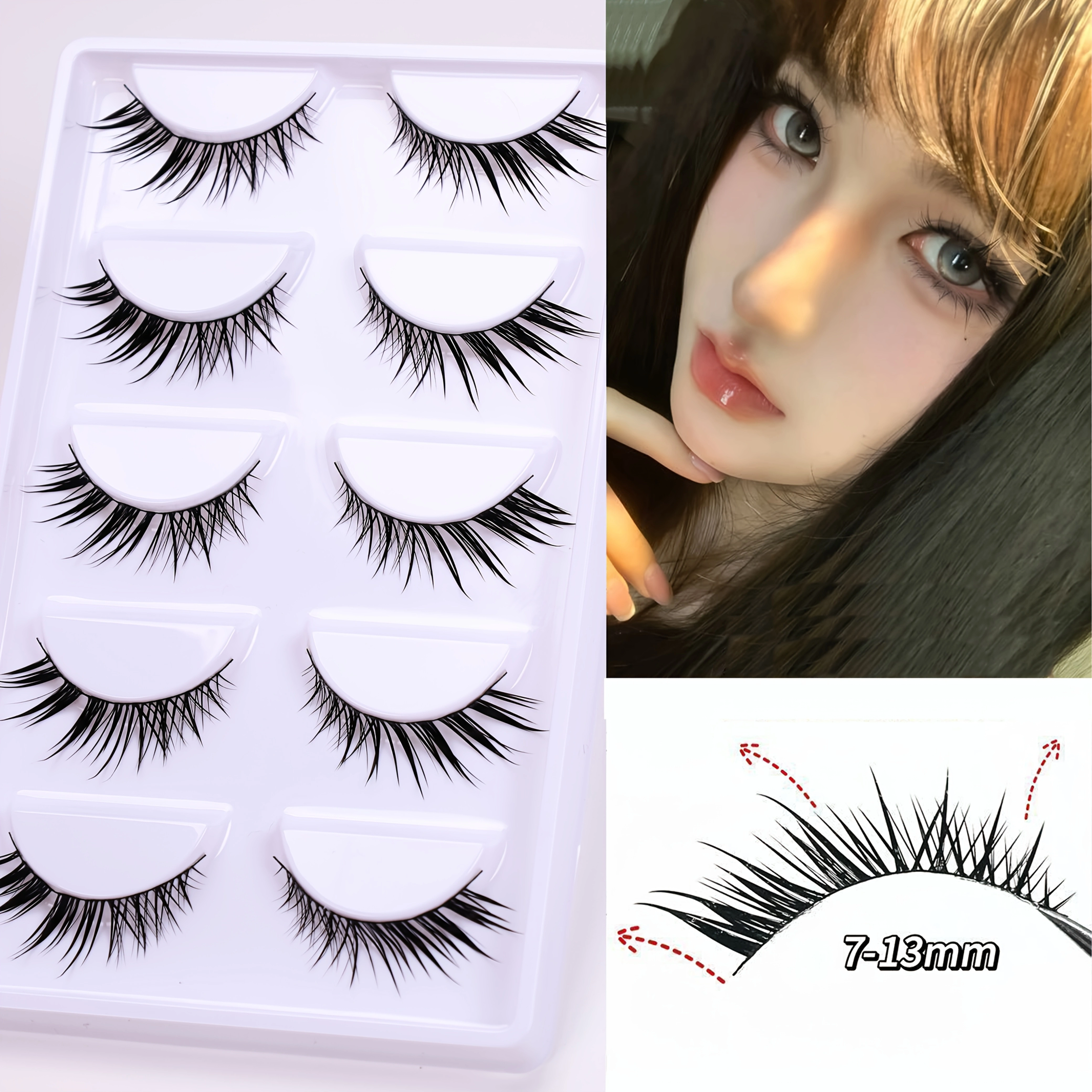 5 paires de faux cils volants diagonales avec de fines tiges noires