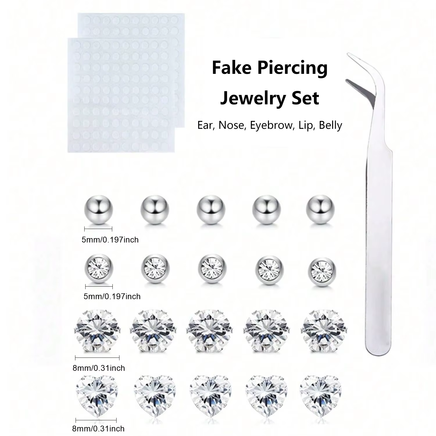 23 pièces/ensemble de bijoux non-percés : faux anneaux pour sourcils, faux anneaux pour lèvres, faux clous d'oreilles, faux anneaux de nombril, faux piercings