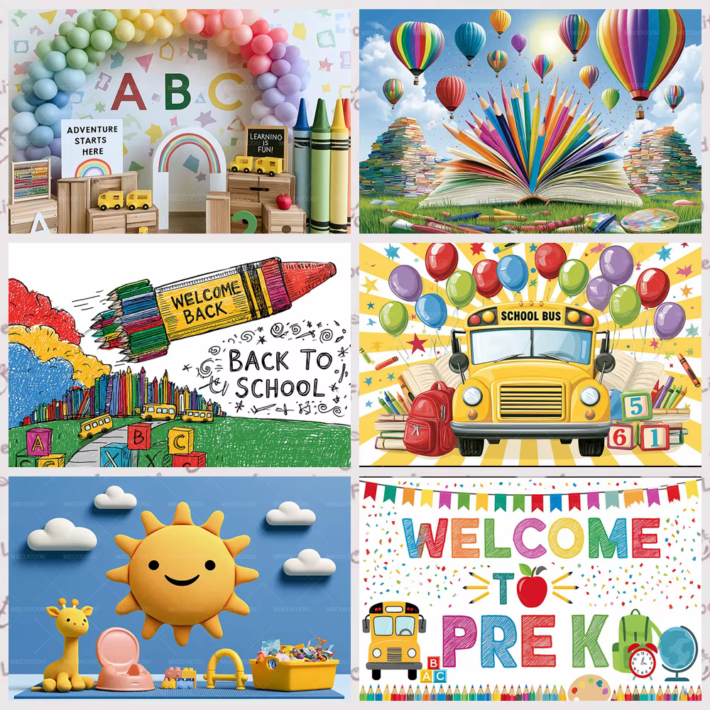 Bannière de rentrée scolaire avec motif crayon, tableau noir, autobus scolaire, pour décoration de campus, salle de classe et photographie en studio