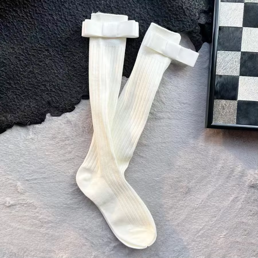 Chaussettes pour femmes, tendances printemps-été, style décontracté et preppy, chaussettes hautes jusqu'au genou, en coton HQ, couleur unie, avec nœud, chaussettes longues confortables