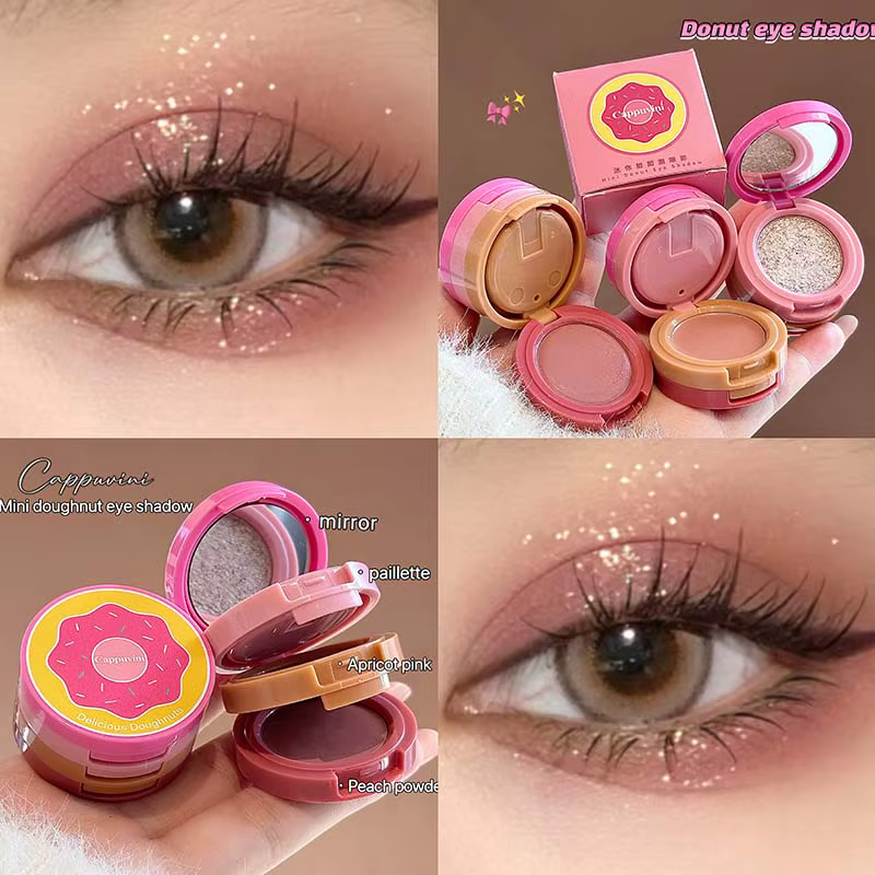 Trio de fard à paupières en forme de beignet - Matte & Pearl Shimmer - Usage quotidien tout-en-un - Mini palette mignonne
