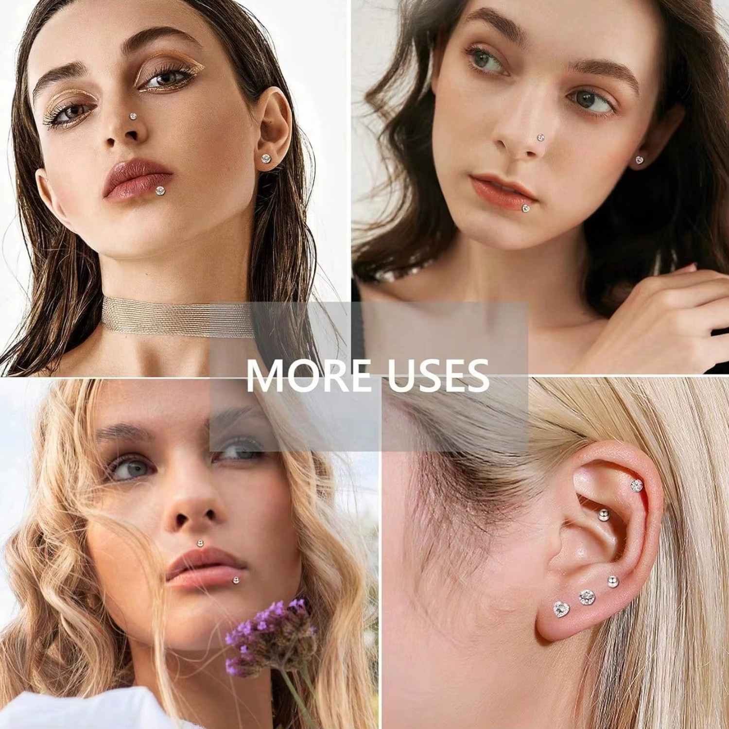 23 pièces/ensemble de bijoux non-percés : faux anneaux pour sourcils, faux anneaux pour lèvres, faux clous d'oreilles, faux anneaux de nombril, faux piercings