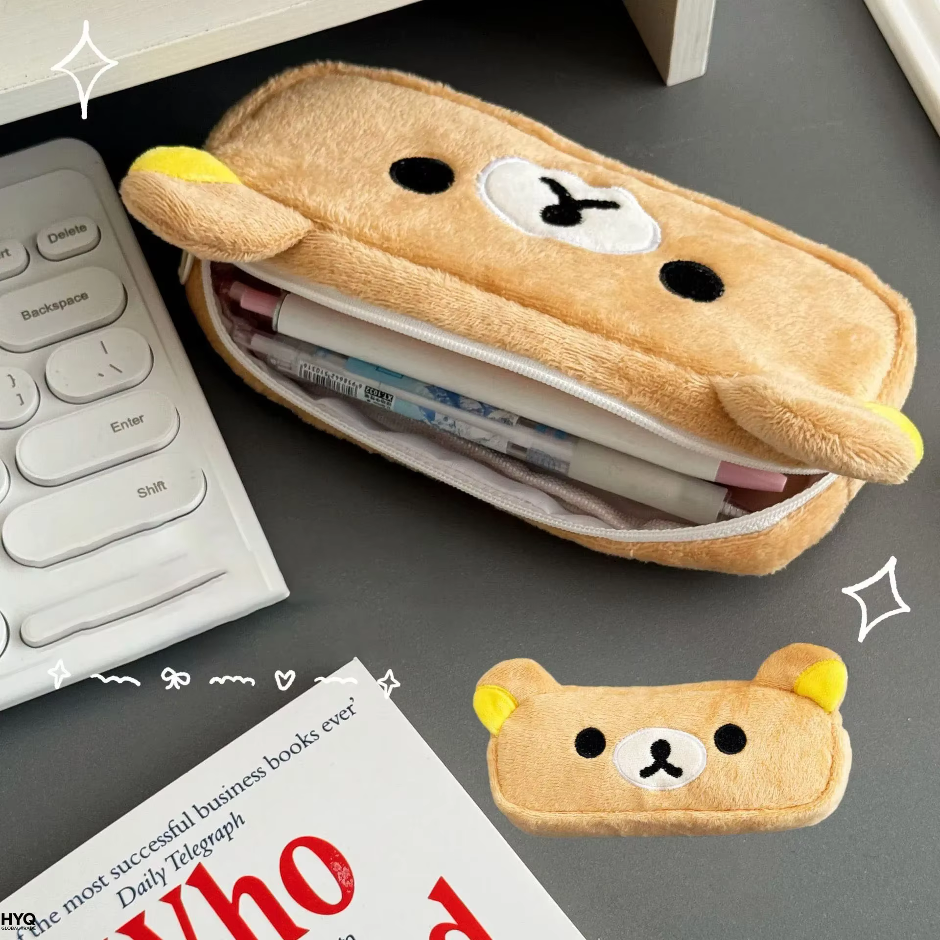Étuis à crayons Kawaii Rilakkuma pour enfants et filles, pochette à crayons mignonne en forme d'ours de dessin animé, sac à stylos, papeterie scolaire, cadeaux tendance