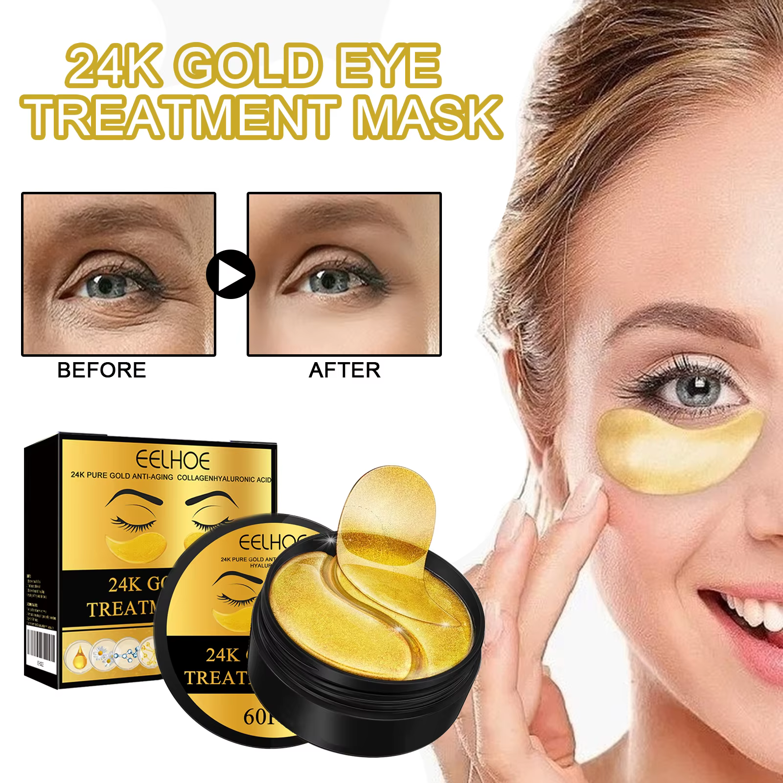 EELHOE 24k or sous les yeux patchs 60 pièces masque