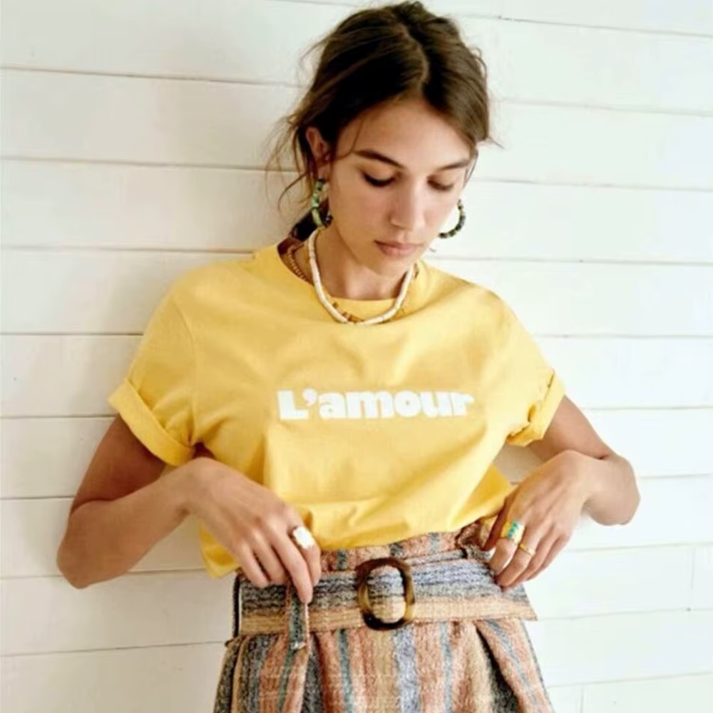 T-shirt Manches Courtes 100% Coton pour Femme, Vêtement Estival et Décontracté, avec Lettres Françaises Rétro Imprimées, Élégant, Jaune, Nouvelle Collection, Y-2025