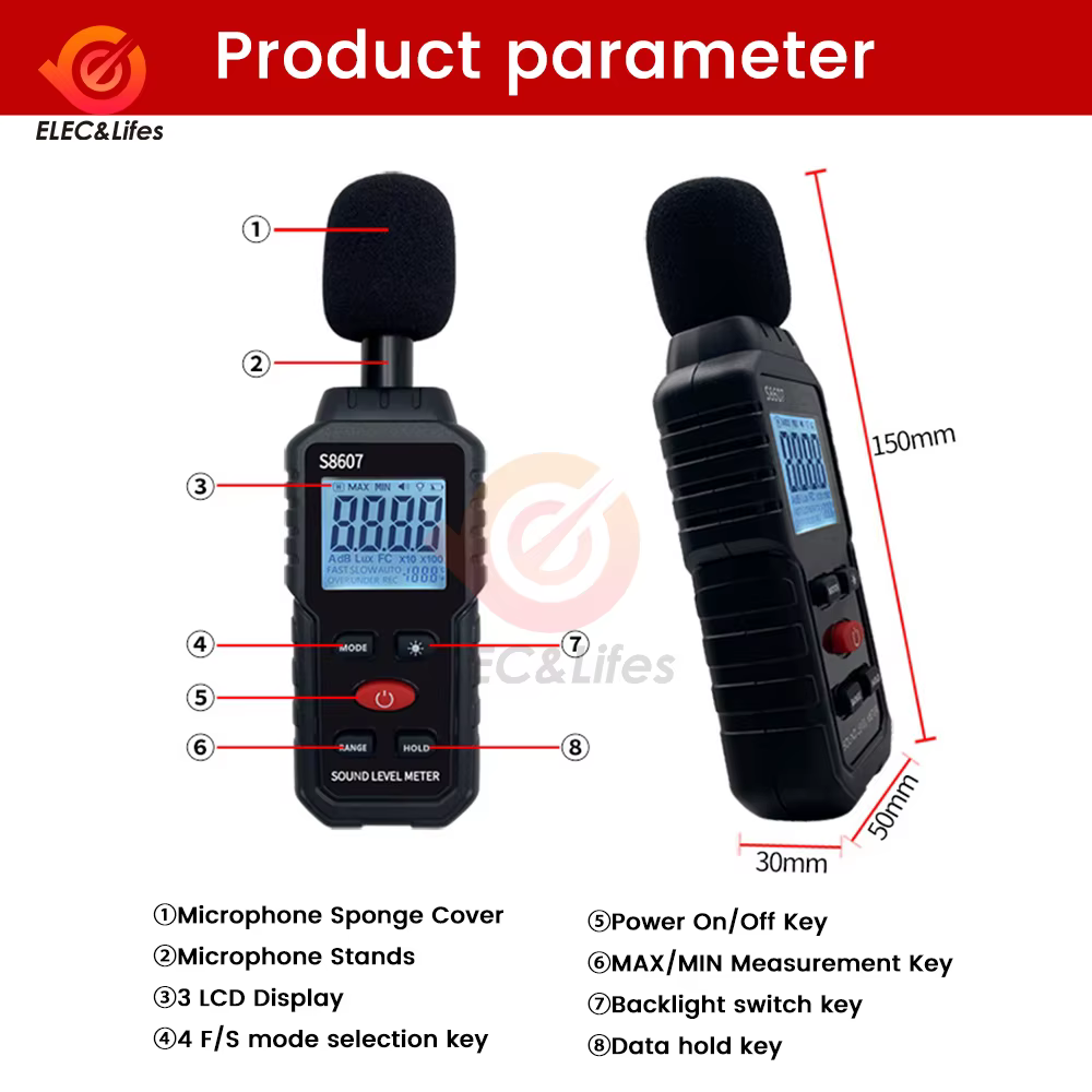 S8607 numérique 30 ~ 130db décibelomètre DB sonomètre mesure du niveau de bruit sonore décibelomètre 0.1db son professionnel