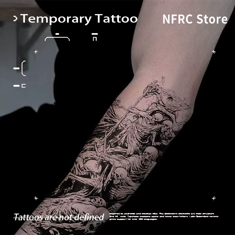 Tatouages temporaires fantaisie pour adolescents : autocollants détaillés de squelette de démon, de démon tueur et de démon foule, à base de plantes.