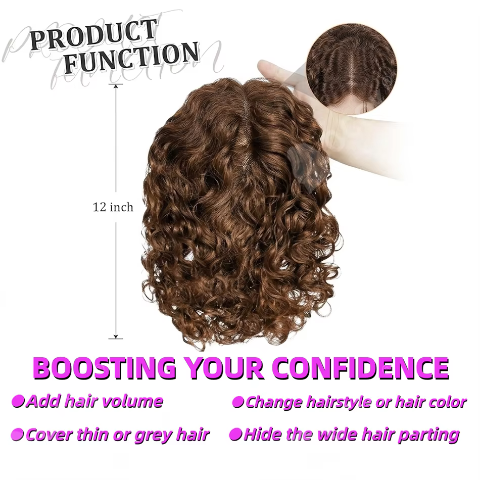 Topper capillaire pour femme 12 pouces, cheveux humains bouclés – Brun, ajoute du volume et de la pleine force aux cheveux clairsemés, pour usage quotidien