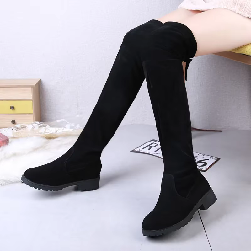 Cuissardes élastiques au genou pour femmes, faux daim, talons pour femmes, tube à lacets, bottes noires, automne, hiver, 2025