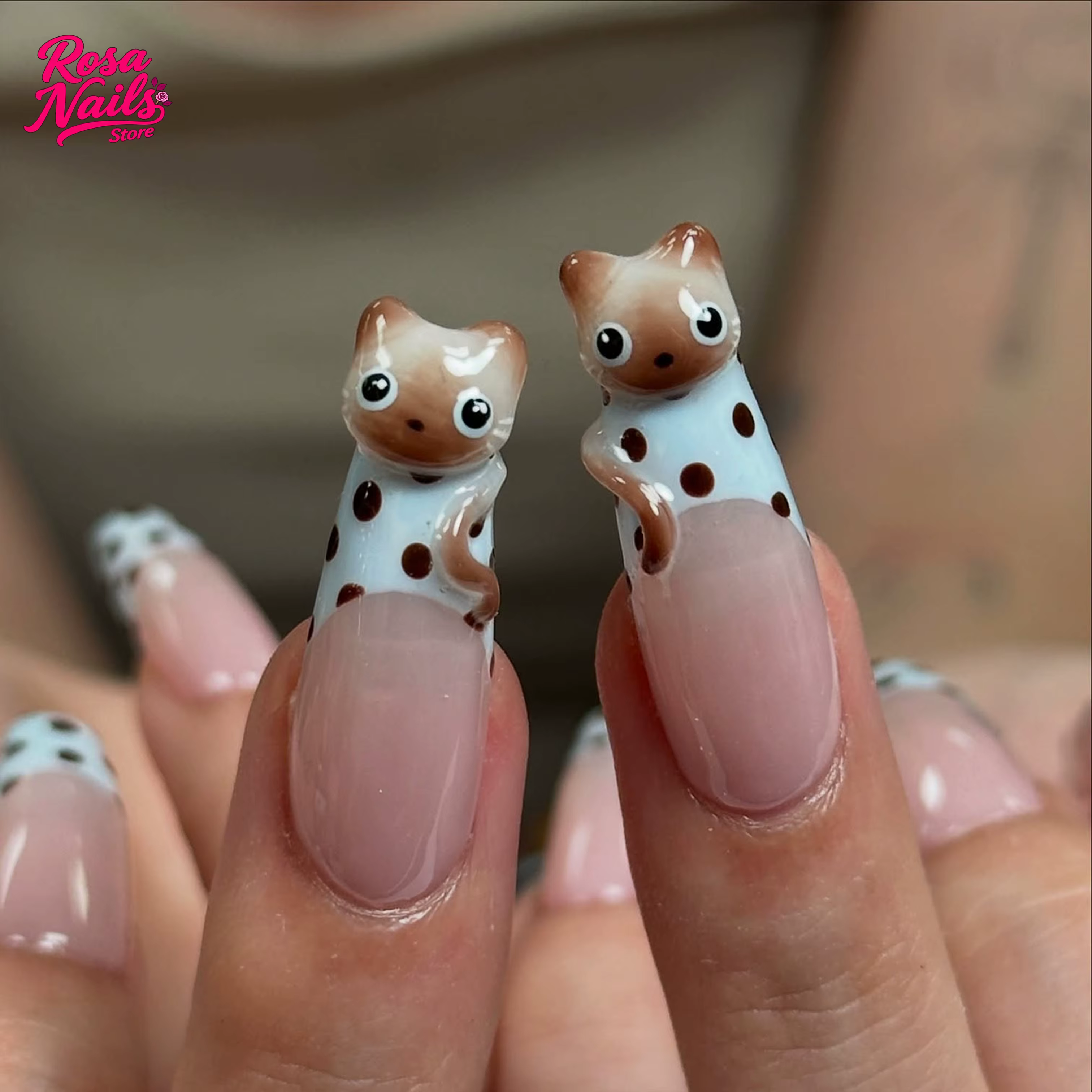 Faux ongles chat siamois 3D, inspirés des animaux de compagnie, à pression, chatons faits à la main, Nail Art sculpté à la main, longs cercueil, à pois, mignons