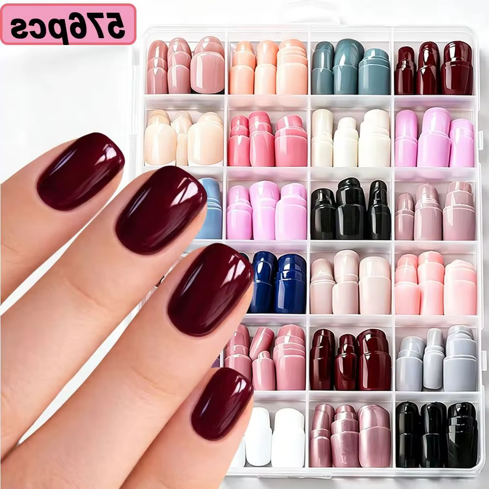 576 faux ongles brillants rouges, roses, marrons, 24 couleurs, courts, carrés, à presser, avec pointe française blanche et noire #