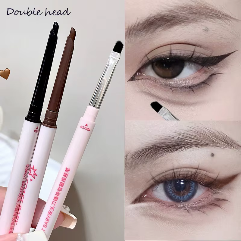 Crayon Eyeliner en Gel Contour noir et marron, avec brosse, imperméable, doux, sans bavures, facile à porter, bâton de fard à paupières couché, maquillage du ver à soie