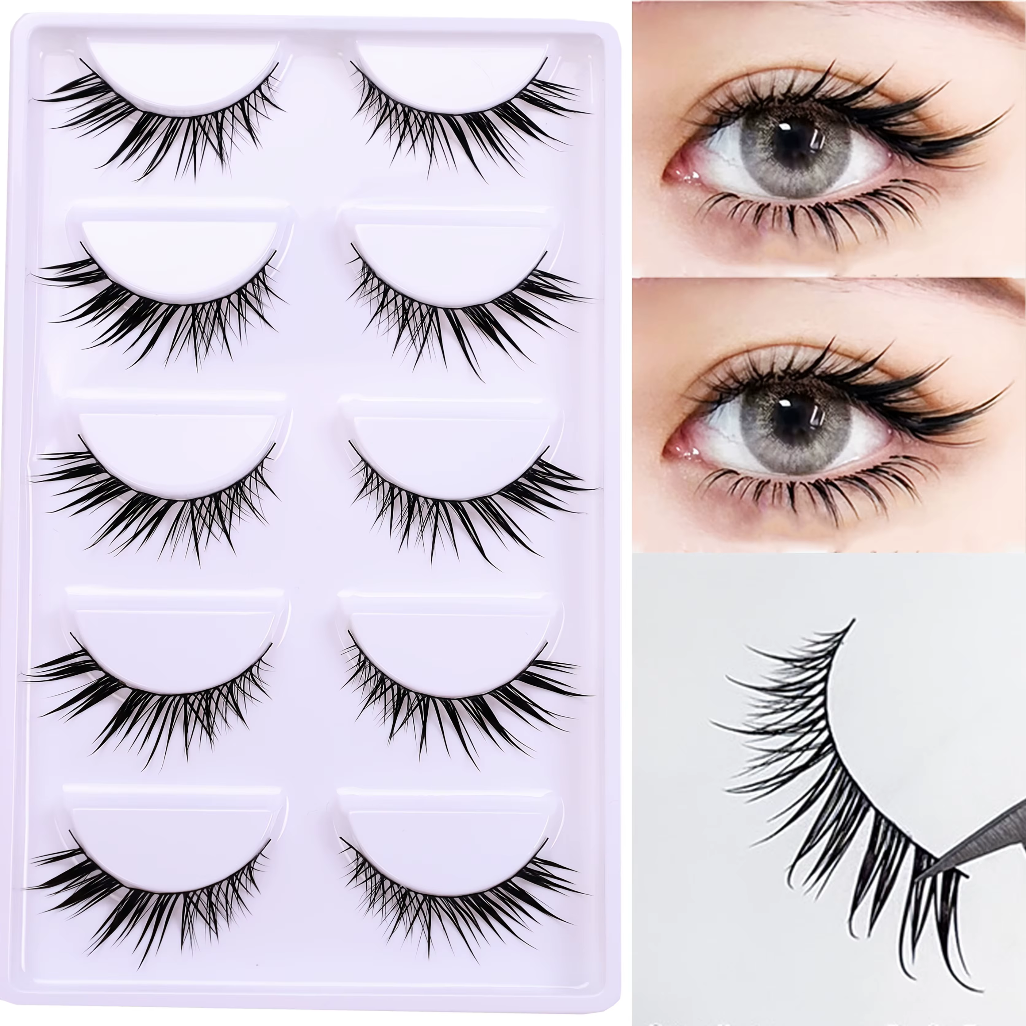 5 paires de faux cils volants diagonales avec de fines tiges noires
