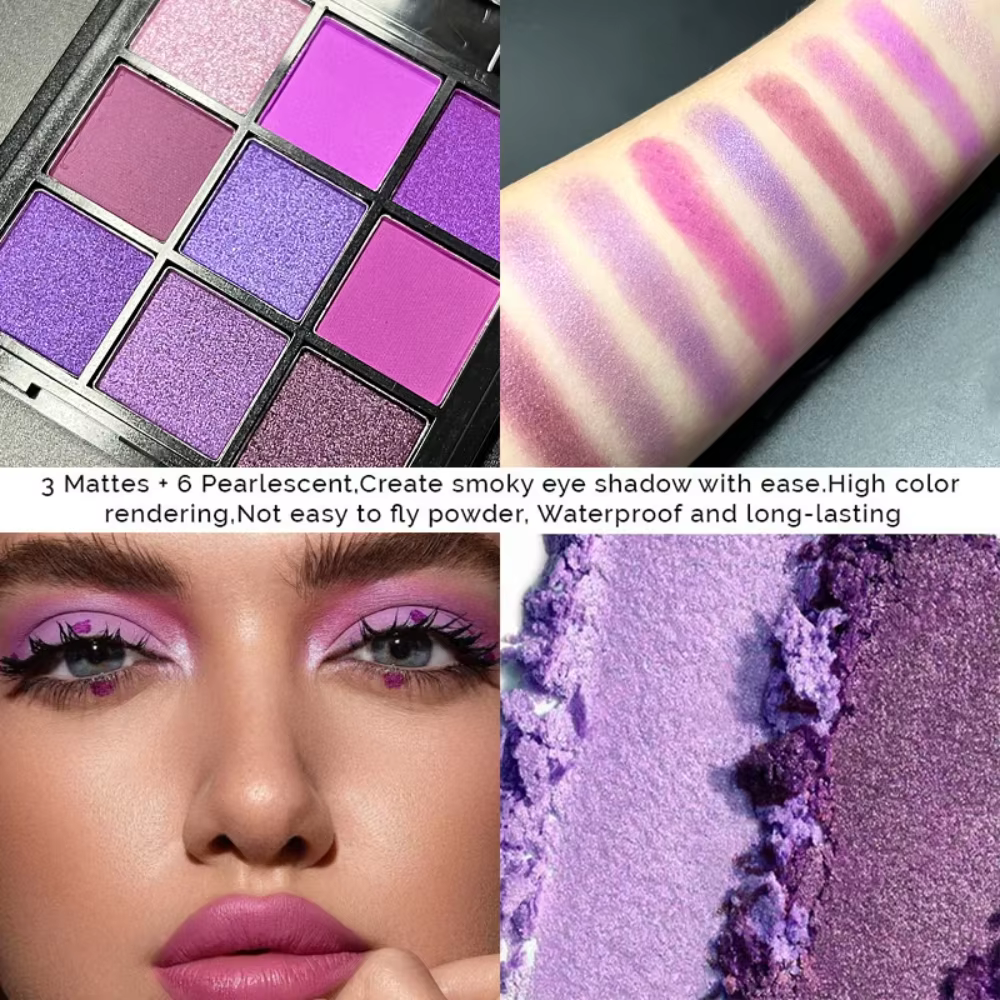 Palette de fards à paupières violets de 9 couleurs – Mat & Shimmer