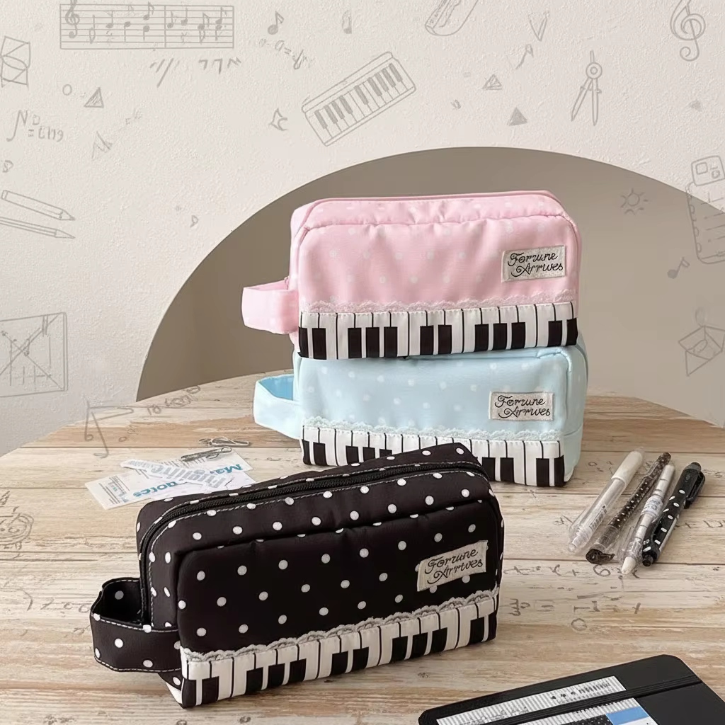 Étui à crayons Kawaii à pois avec imprimé touches de piano, pochette à crayons de grande capacité avec poignée, pochette de papeterie, cadeau, fournitures scolaires pour filles