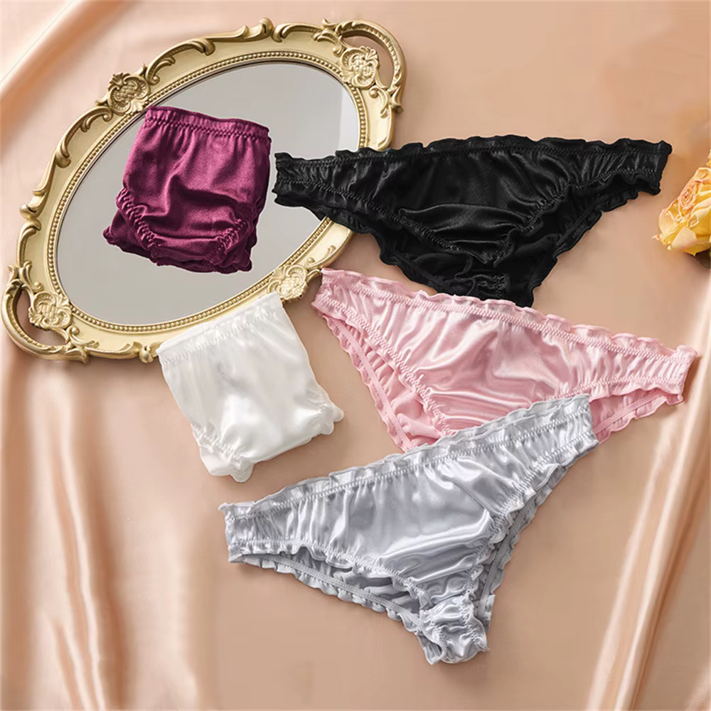 Sous-vêtements en Satin de soie brillant pour femmes, taille basse, confortables, à volants, slips en Satin, culottes féminines Sexy et sans couture