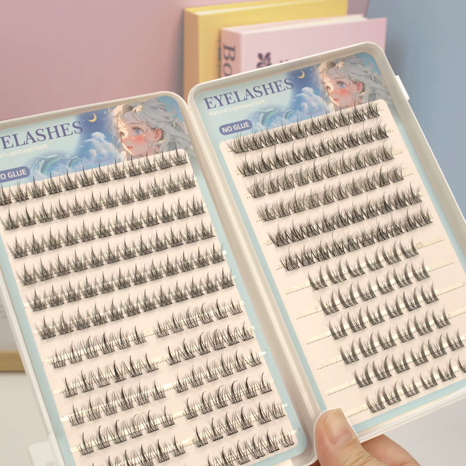 1 boîte de 4 faux cils autocollants - cils bouclés de longueur mixte C