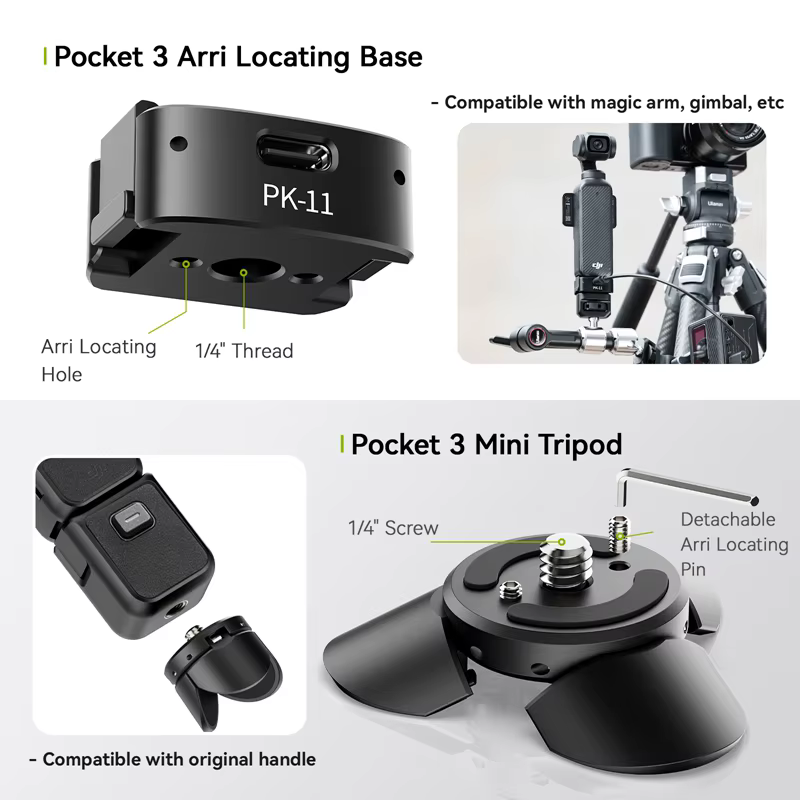 Ulanzi PK-08 Pocket 3 Mini trépied/Base de localisation Arri PK-11 pour DJI Osmo Pocket 3 pour photographie de voyage Vlog en direct