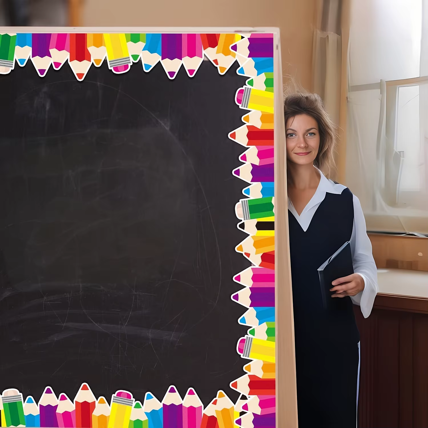Autocollant de bordure pour tableau d'affichage en forme de crayon - Décoration colorée pour la rentrée scolaire, les panneaux d'affichage, l'espace de travail des enseignants