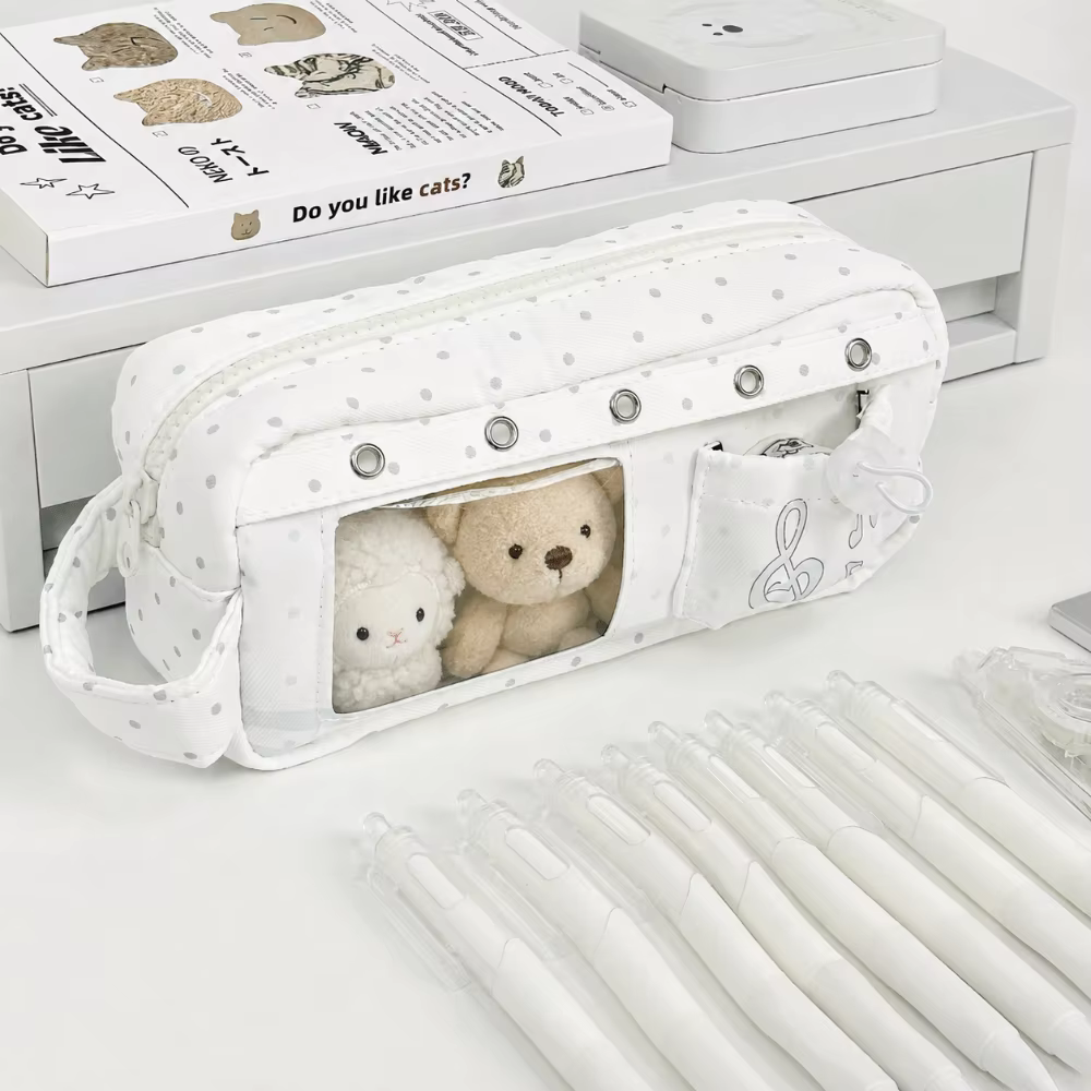 Trousse à crayons Kawaii à pois avec motif note de musique, multi-couches avec poignée, grande capacité, organiseur de papeterie pour étudiants