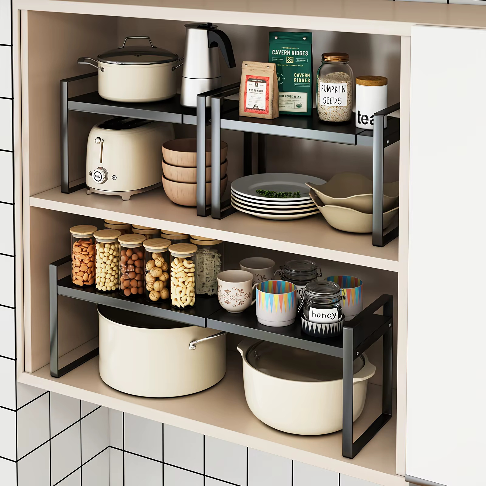 Étagère de rangement multi-niveaux pour armoire de cuisine, support de rangement pour épices, espace de rangement extensible pour la maison, en métal robuste blanc