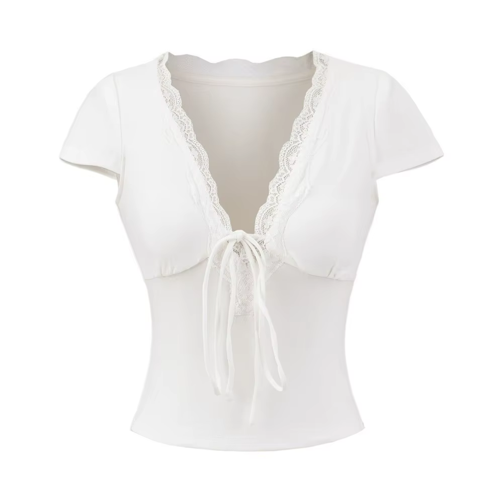 Chic col en V mince culture hauts à manches courtes dentelle fond T-shirt élastique doux Camisole Streetwear
